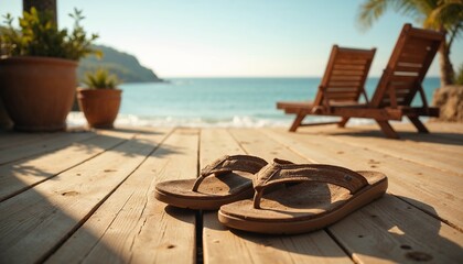 Close-Up of Australian Flip Flops on Wooden Deck with Ocean Background, Summery Vibe, Copy Space  