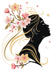 A graceful silhouette of a woman’s face with flowing hair, adorned with blooming flowers and soft golden lines. Set against a clean white canvas, this elegant design embodies beauty and femininity