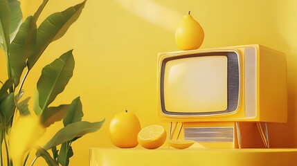 A vintage television with a curved screen on a yellow background with old-school design details