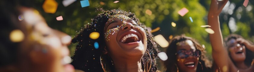 Joyful of Women s Day in an Urban Park with Confetti and Diverse Smiling Group