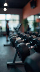 Gym dumbbell blur background fitness center, workout personal weight training studio, health club with blurry sports exercise equipment for bodybuilding and power strength class. Vertical photo
