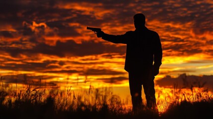 Fototapeta premium Silhouette of a Man with a Gun at Sunset - Moment of Conflict