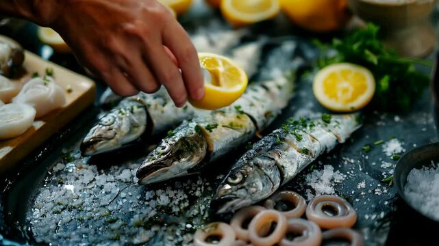 A spread of sardines on plates, one with green garnishes and the other with herbs