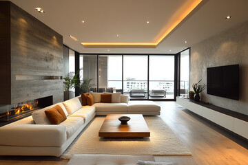 Modern Living Room With Fireplace And Ocean View