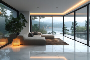 Modern lakeside living room with sectional sofa and large windows
