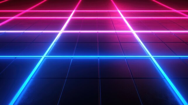 Grid of glowing pink and blue neon lines intersecting on a dark, tiled surface, creating a futuristic and vibrant scene