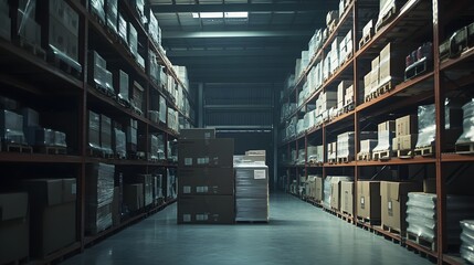 Cardboard Boxes Stacked High In A Large Warehouse
