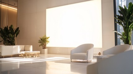 Fototapeta premium Modern Minimalist Lobby Design with White Furniture and Plants