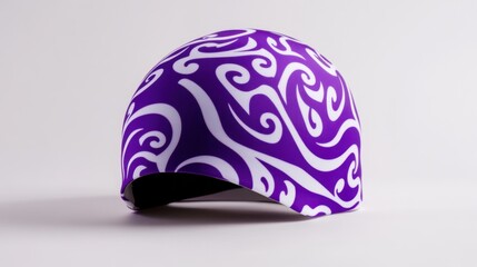Purple and white swimming cap with a swirling pattern