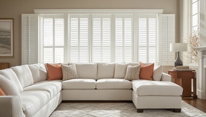 Fototapeta premium Modern Sectional Sofa with White Plantation Shutters Living Room Interior Design