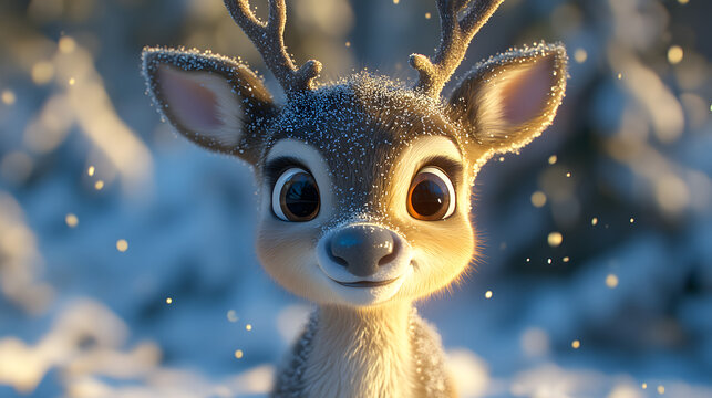 Adorable baby reindeer with big eyes in a snowy forest