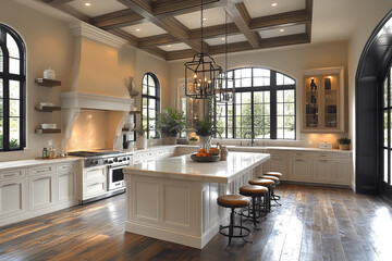 Elegant Kitchen with Island and Wooden Beam Ceiling