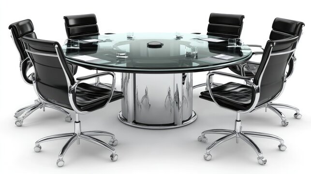 A sleek glass conference table with black office chairs. Ideal for modern office spaces boardrooms or meeting rooms.
