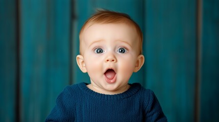 Surprised baby with big eyes in blue sweater against teal wood background