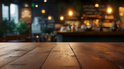 Rustic Wooden Bar Table in a Warm Restaurant Interior