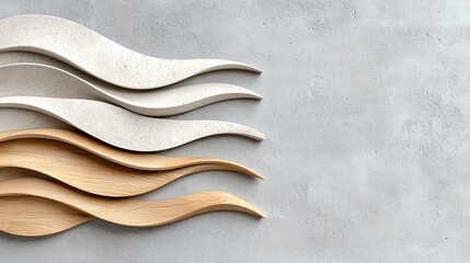 Abstract Wave Design Modern Wooden and Concrete Curving Panels on Grey Background