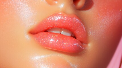 Glossy lip close-up with shimmering pink makeup
