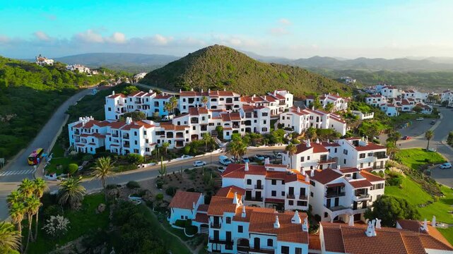The white houses of the Fornells district, along the coast of Menorca