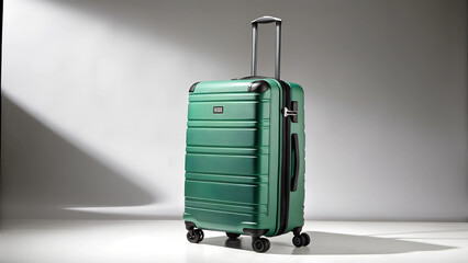 A sleek, modern hard-shell suitcase in a vibrant green color, positioned upright against a neutral gradient background. The suitcase features a telescopic handle and four smooth spinner wheels, showca