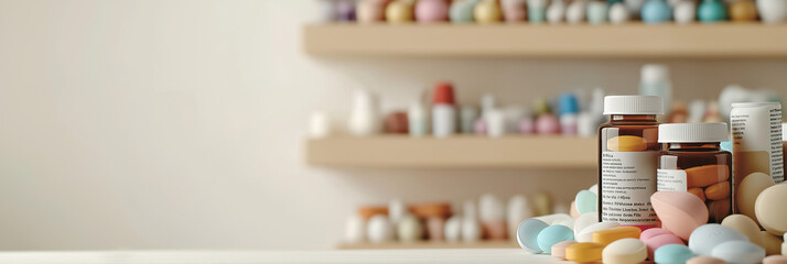 Neatly arranged pharmaceutical bottles and colorful pills provide a vibrant display, illustrating the importance of medication management and organized healthcare.