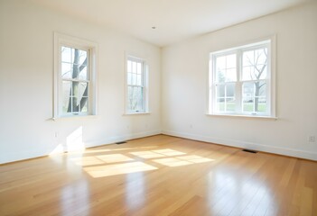 Empty room with wooden floor , white wall and multiple windows 
