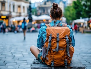 A young woman sits on a stone, back facing the camera, with a vibrant backpack in a lively urban environment, symbolizing adventure, exploration, and the beauty of city life.