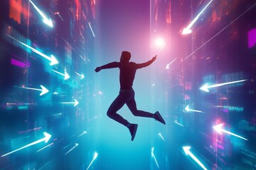 Obraz premium Man performs an energetic jump through a vibrant, futuristic environment with colorful lights and arrows guiding the way