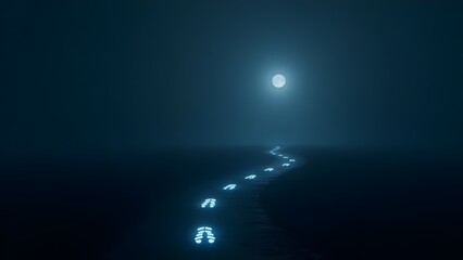 Obraz premium A minimalist depiction of a journey with glowing footprints on a dark path
