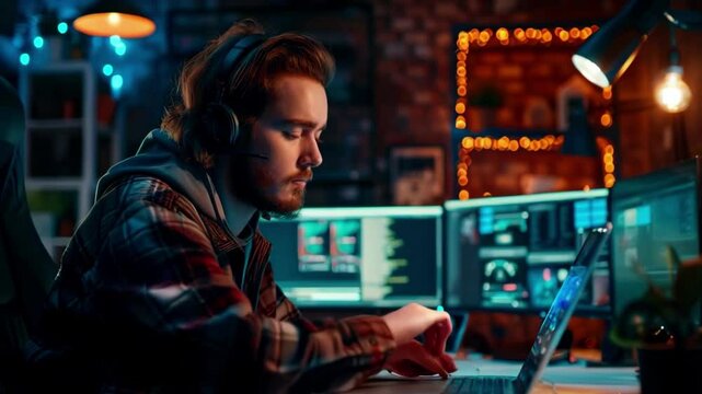 A young male programmer writing code on his laptop while sitting at a desk with multiple computer screens in an office