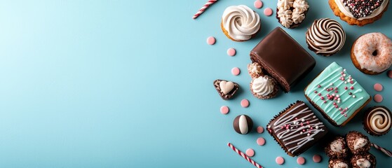 Obraz premium Delicious Assorted Cakes Brownies Cupcakes Donuts on Blue Background