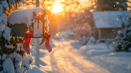 A snow-covered mailbox adorned with holiday decorations under a soft golden winter sunset