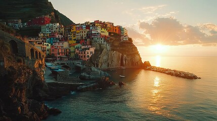 Sunset over Manarola: A picturesque Italian village perched on a cliffside, bathed in the golden glow of a stunning sunset, with the Mediterranean Sea stretching out below.