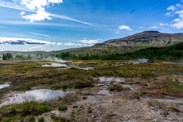 geothermal active region in Iceland with mist in summer