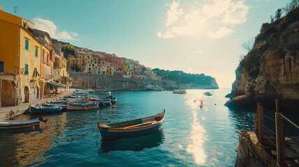 Fototapeta premium Coastal Italian Charm: Picturesque harbor town nestled between dramatic cliffs, colorful buildings lining the waterfront, traditional wooden boats gently bobbing in the calm turquoise sea.