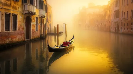 Wall murals Venice in the Mist: A gondola glides through the misty canal of Venice, its silhouette bathed in the warm, golden glow of sunrise. The ancient buildings along the canal are shrouded in a soft haze.