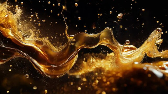 Liquid flow of fizzy Cola drink moves in slow motion splashing everywhere on a black background, abstract animated wallpaper