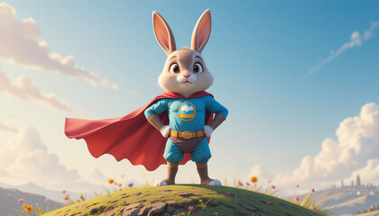 Cute superhero easter bunny with a red cape stands proudly on a grassy hilltop, adorned with colorful wildflowers, as the sun rises, casting a warm glow over the picturesque landscape.