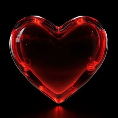 Glowing Glass Red Heart on Black Background.