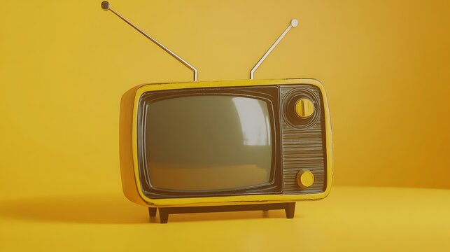 A vintage television with knobs and antennas placed on a yellow surface with retro styling