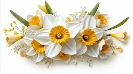 Obraz premium Delicate daffodil wreath with white petals and vibrant yellow centers for spring decoration
