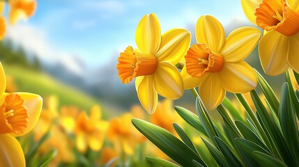 Obraz premium Blooming daffodils sway gently in the breeze on a sunny spring day in the countryside