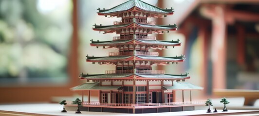 Intricate model of a five-story pagoda, showcasing detailed architecture and landscaping.