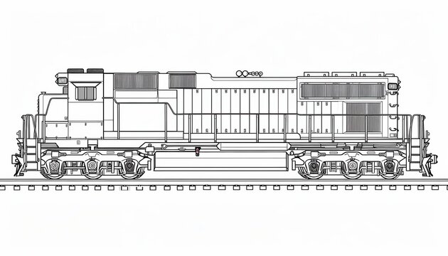 A detailed line art illustration of a modern diesel locomotive. Ideal for coloring pages model train enthusiasts or educational resources.