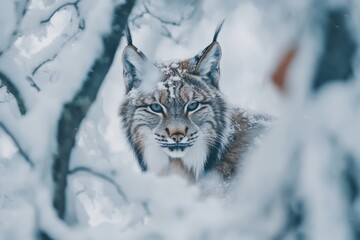 A Snowy Lynx Peers Through Winter Branches