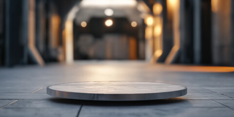Obraz premium A sleek circular platform is set in a contemporary corridor, illuminated by modern lights, creating a futuristic atmosphere with depth and symmetry, ideal for architectural use.