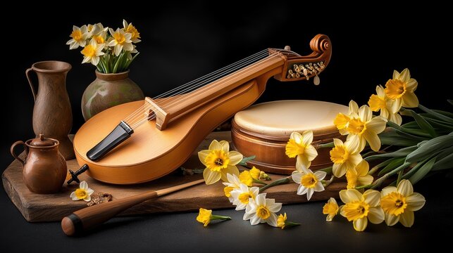 Daffodils and traditional Welsh musical instruments arranged on a wooden table in a natural setting
