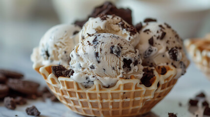 Homemade cookies and cream ice cream in a waffle bowl
