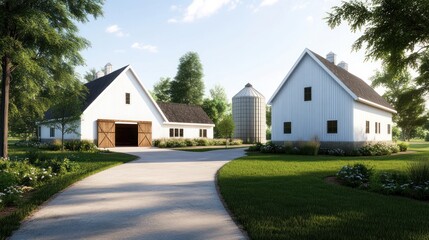Modern farmhouse with silo and landscaped surroundings.