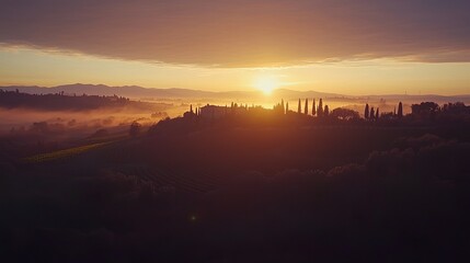 Fototapeta premium Tuscan Dawn: Silhouette of a charming Tuscan landscape emerges from the morning mist as the sun peeks over the horizon, with rolling hills.