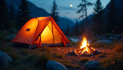 Realistic camping setup mockup featuring a tent and campfire in a serene outdoor setting